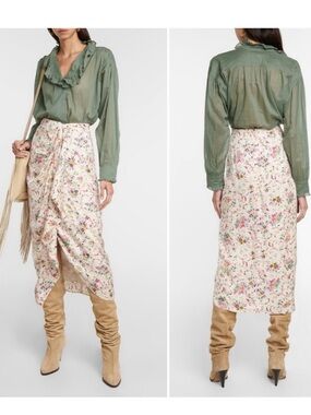 Cream Floral Midi Skirt with Front Ruching